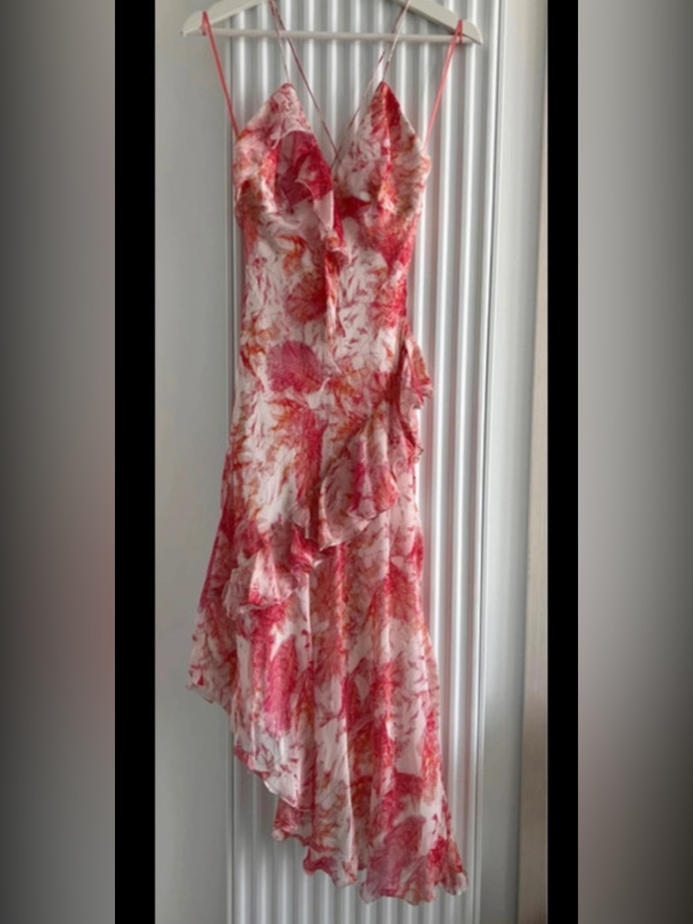 100% silk Floral Pink & White Asymmetrical Ruffle Slip Dress